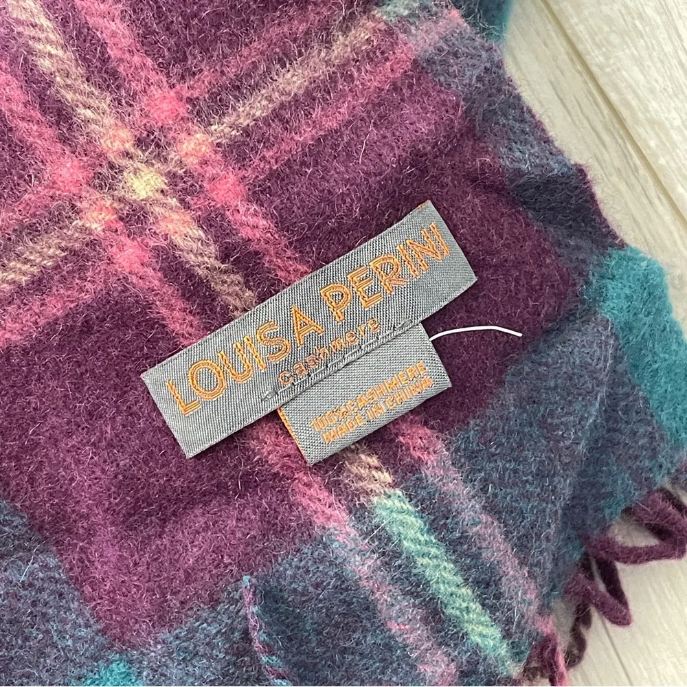 Plaid Cashmere Scarf louisa perini fringe unisex Teal Purple (one size) classic